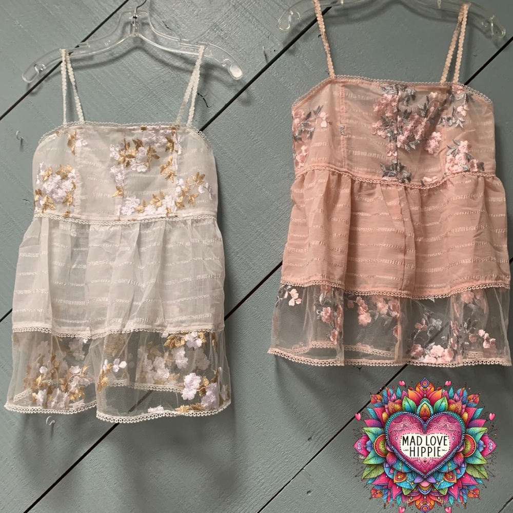 POL Sheer Floral Embroidered Camisole Set in White and Blush